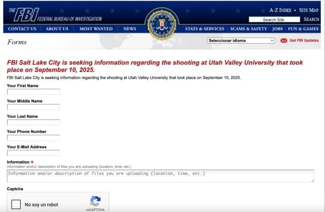 Página para registro de información sobre el asesino de Charlie Kirk. Foto: Captura de pantalla del FBI de Salt Lake City