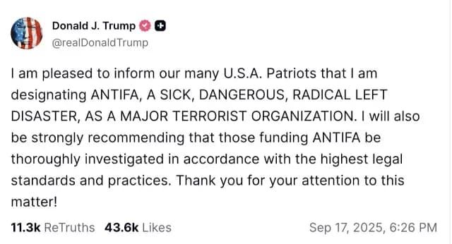 Publicación de Donald Trump sobre Antifa