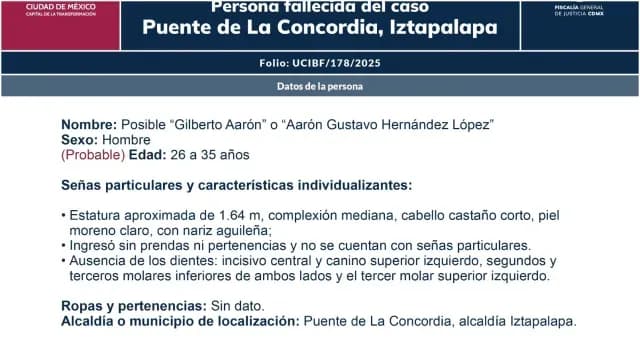 Fotoboletin de persona en calidad de desconocida por explosión en Iztapalapa. Foto: Fiscalía CDMX