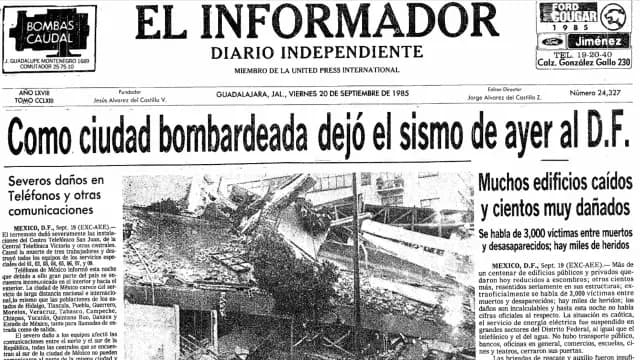 Portada del día 20 de septiembre de 1985 donde se consigna el sismo que sacudió a México. Foto: HNDM | El Informador