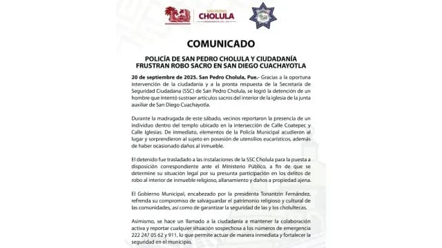Comunicado de la SSC Cholula sobre el robo a iglesia de San Diego Cuachayotla