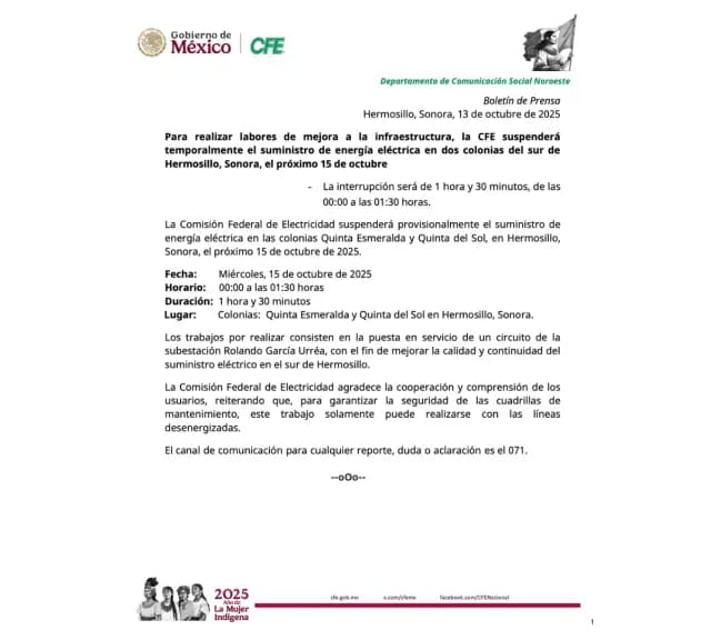 CFE Anuncia Suspensión de Energía Eléctrica en Estas Colonias de Hermosillo