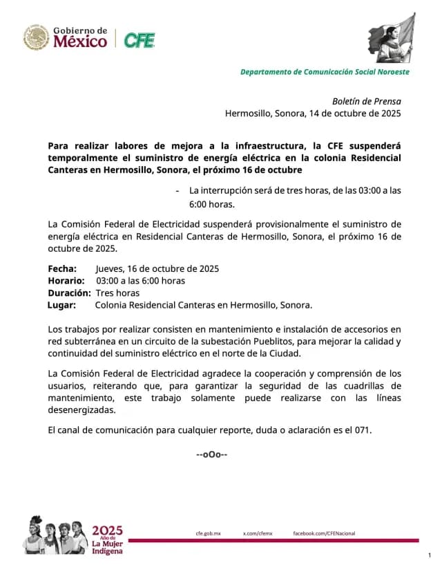 CFE Anuncia Suspenderá Servicio de Energía Eléctrica en Hermosillo: ¿Cuál Colonia Será Afectada?