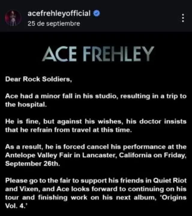 Mensaje en la cuenta oficial de Ace Frehley sobre su caída.
