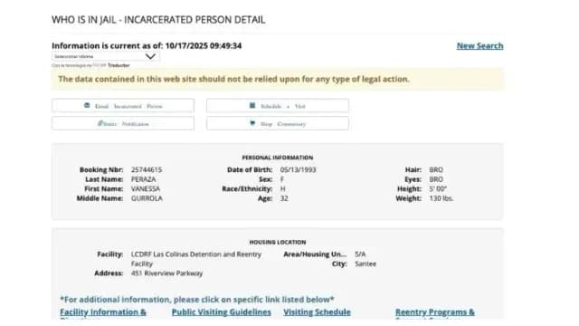 Ficha detención de Vanessa Gurrola Peraza en EUA