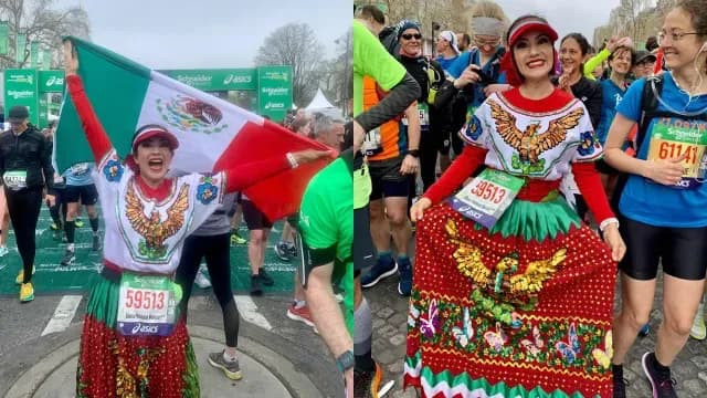 Corredora "La China Poblana" participó en el Maratón de París 2023. Foto: Cortesía Julieta Escobar