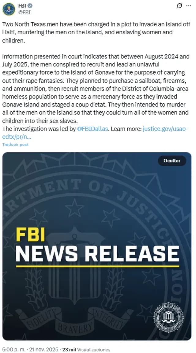 FBI investiga plan de hombres que querían esclavizar mujer y niños de Haití. Foto: X FBI