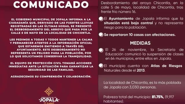 Anuncian situación controlada tras desbordamiento de arroyo en Jopala. Foto: Ayuntamiento Jopala