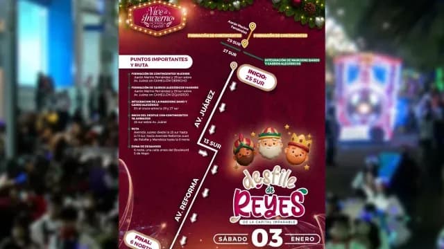 Mapa de recorrido del Desfile por Día de Reyes 2026. Foto: DIF Puebla