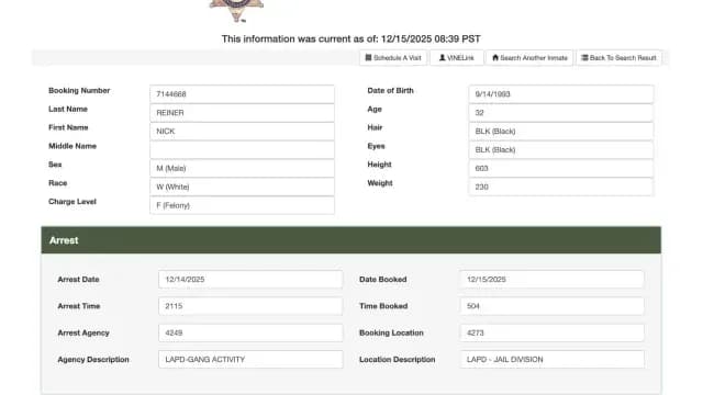 Ficha detencion Nick Reiner Policía Los Ángeles