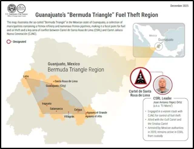 Mapa del Triángulo de las Bermudas, en Guanajuato. Foto: Departamento del Tesoro de Estados Unidos