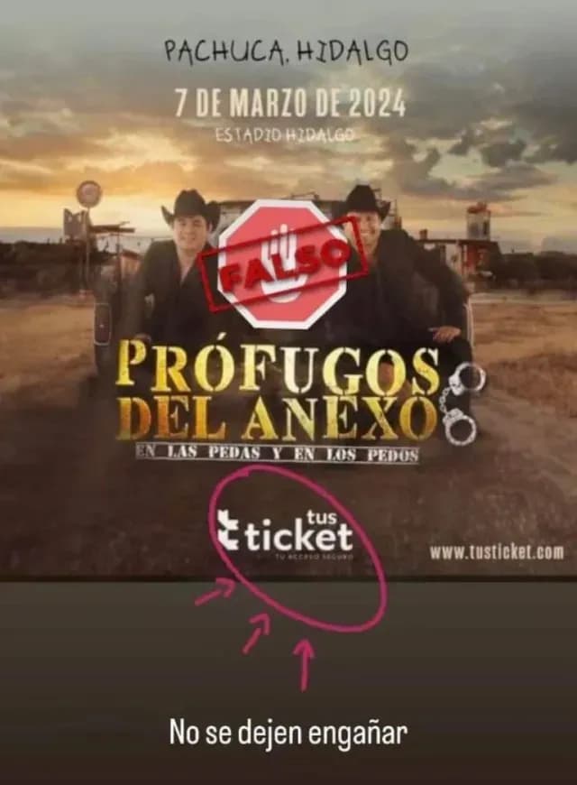 Anuncio falso concierto Prófugos del Anexo Tour 2024 en Pachuca