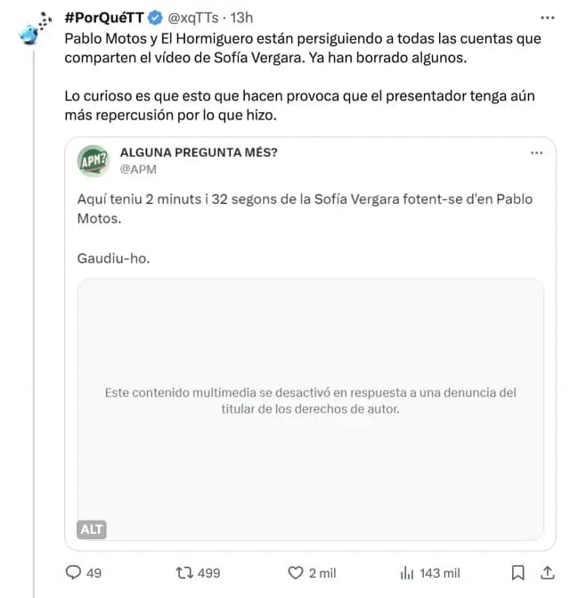 Redes sociales critican a Pablo Motos por entrevista con Sofía Vergara