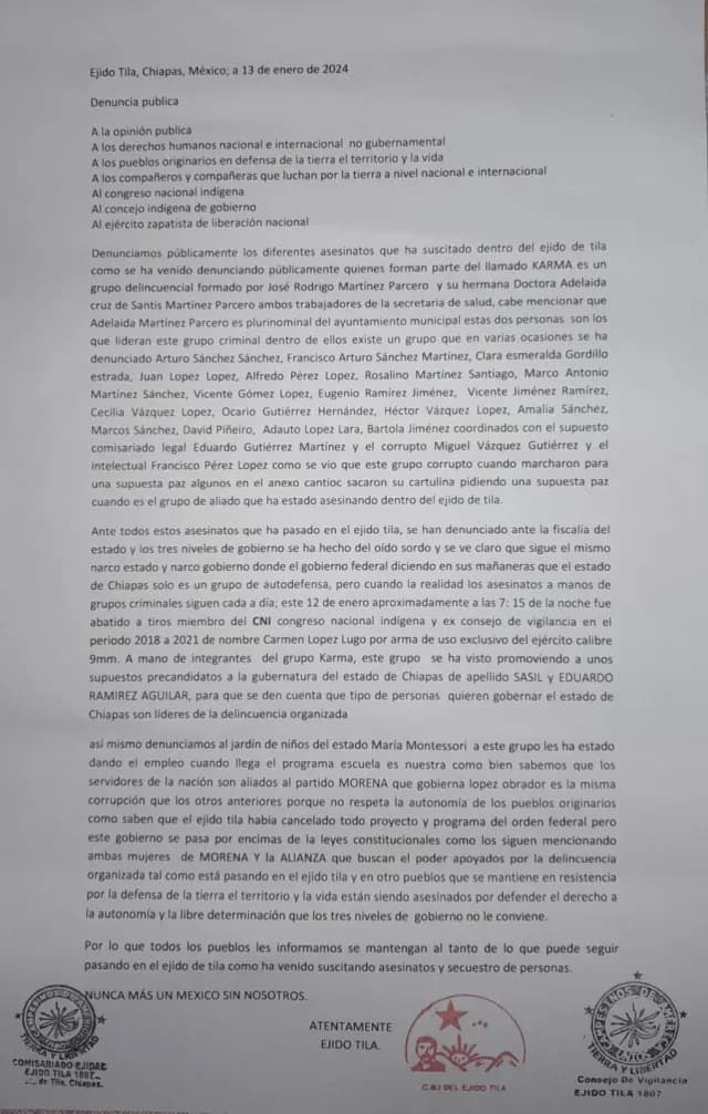 Comunicado sobre asesinato de Integrantes del Congreso Nacional Indígena en Chiapas