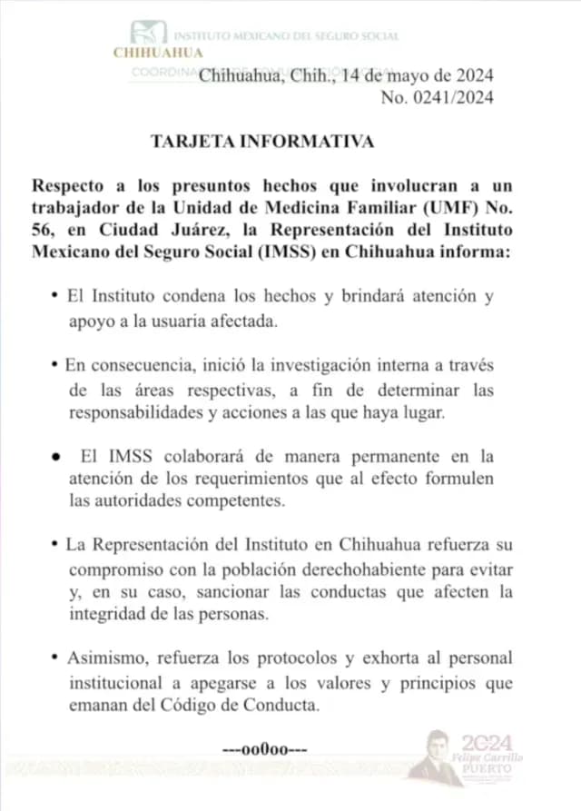 Comunicado del IMSS por la Denuncia Presentada Contra un Médico | Foto: IMSS