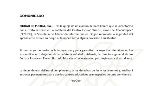 Comunicado de la Secretaría de Educación sobre el Hecho