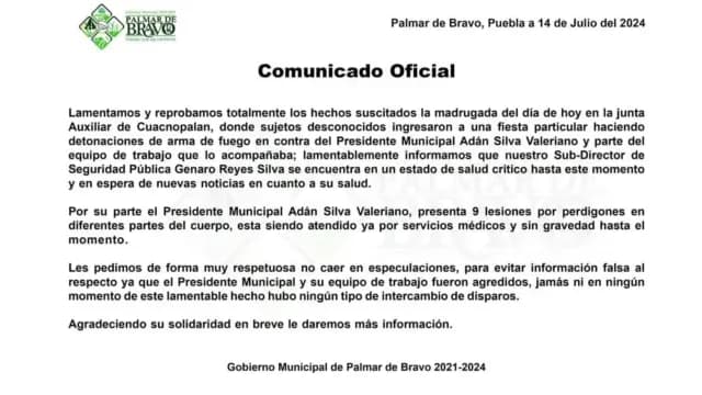 Comunicado Oficial del Ayuntamiento de Palmar de Bravo en Puebla ante el Atentado