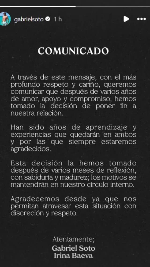 Comunicado sobre el rompimiento de Gabriel Soto e Irina Baeva. Foto: Instagram @gabrielsoto