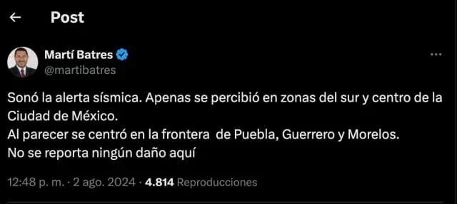 Batres confirma sismo en CDMX