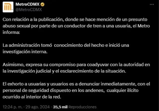 En redes sociales del Metro capitalino informan que se investiga el caso de presunto abuso sexual en una cabina de conducción. Foto: X @MetroCDMX