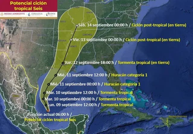 Posible trayectoria del potencial ciclón 6 en el Golfo de México. Foto: SMN