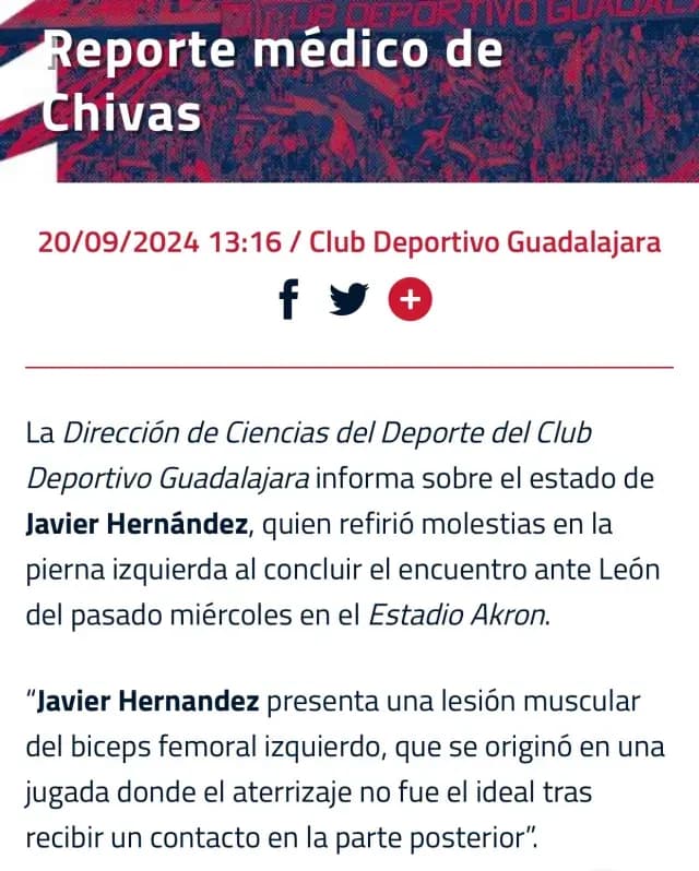 Reporte médico de Javier Hernández. Foto Chivas
