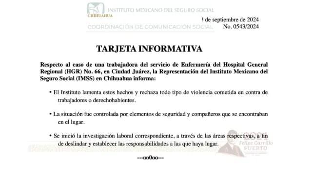 IMSS Chihuahua emitio una tarjeta informativa lamentando lo ocurrido