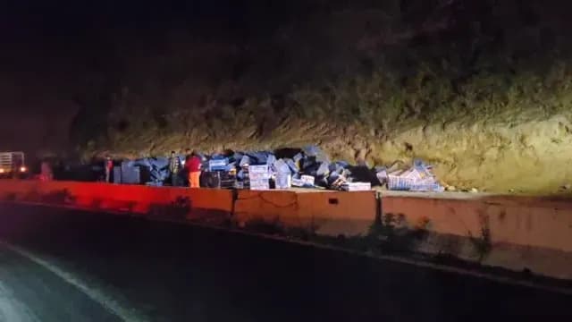 Un camión cargado con cajas de pollo vivo se accidentó en la autopista. Foto: Genaro Zepeda | N+