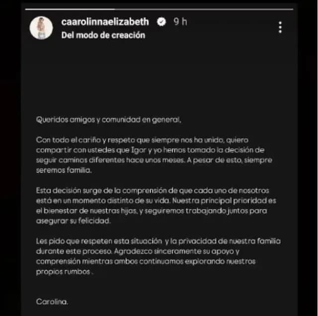 El comunicado de Carolina Elizabeth. Foto IG caarolinnaelizabeth
