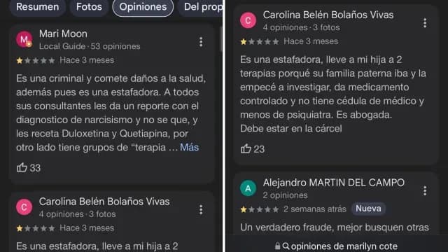 Reseñas negativas de las pacientes de la abogada Marilyn Cote. Foto X