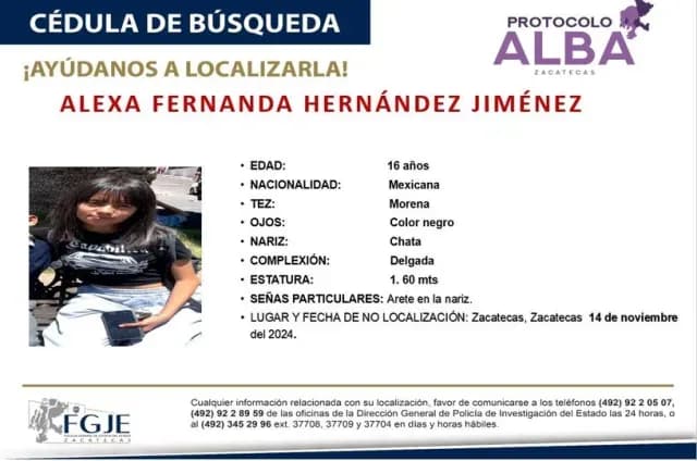 Menor desaparecida en Zacatecas. Foto: Protocolo Alba