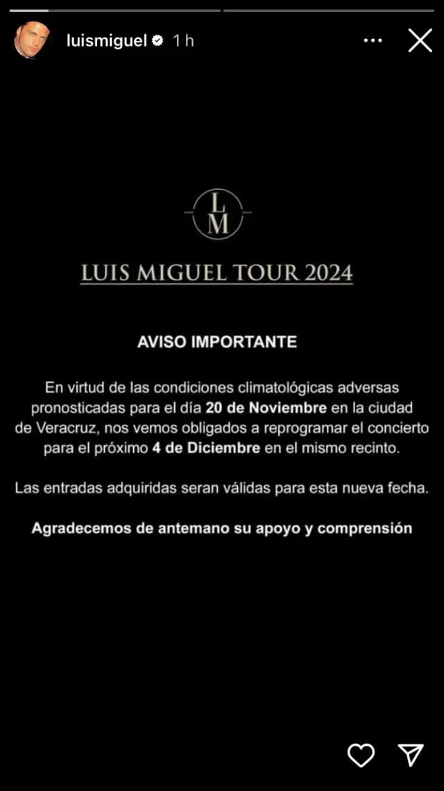 Aviso Luis Miguel reprograma concierto en Veracruz