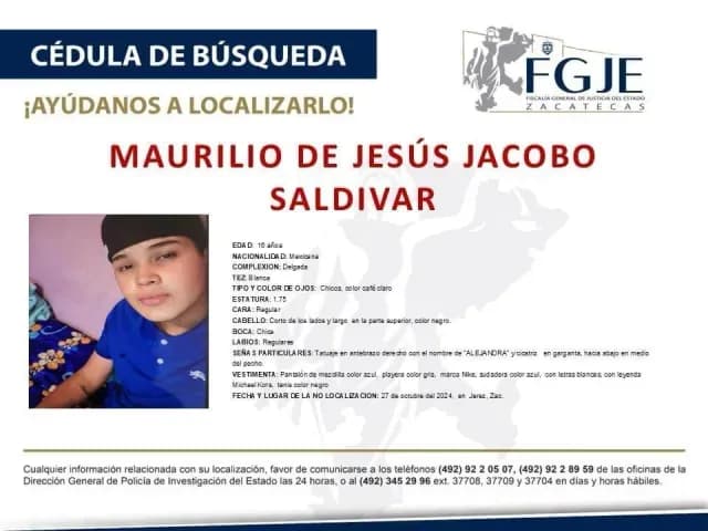 Adolescente desaparecido en Zacatecas. Foto: Protocolo ALBA