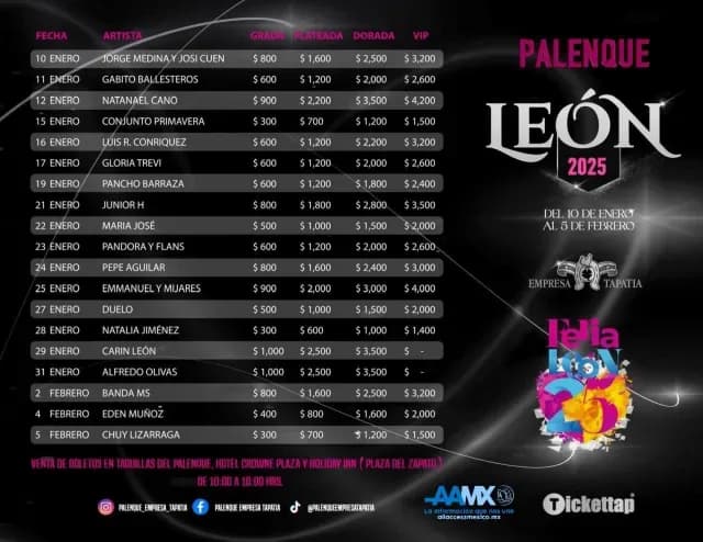 Lista de precios oficiales por artista del Palenque de León 2025.