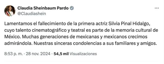 Claudia Sheinbaum publica mensaje sobre Silvia Pinal