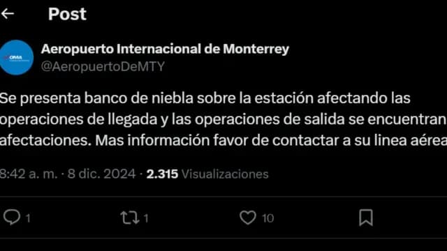 últimas noticias Aeropuerto Internacional de Monterrey hoy 8 de diciembre 2024