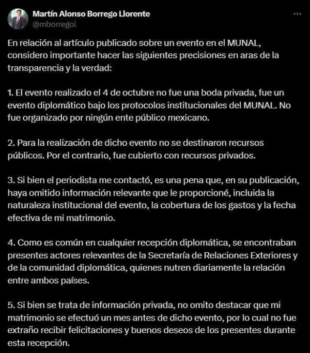 Publicación en X de Martín Borrego Llorente sobre evento en el Munal. Foto: X @mborregol