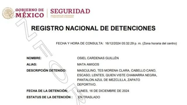 Ficha del Registro Nacional de Detenciones de Osiel Cárdenas Guillén