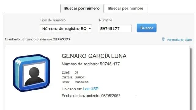 Ficha de Genaro García Luna del Buró Federal de Prisiones en EUA. Foto: BOP