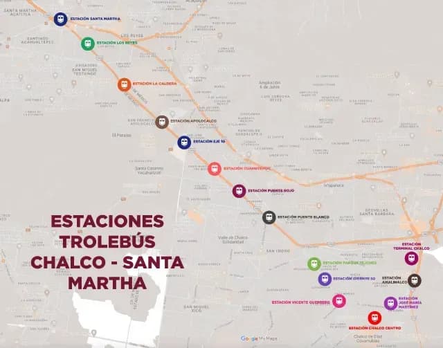 Mapa del Trolebús Chalco-Santa Martha con estaciones