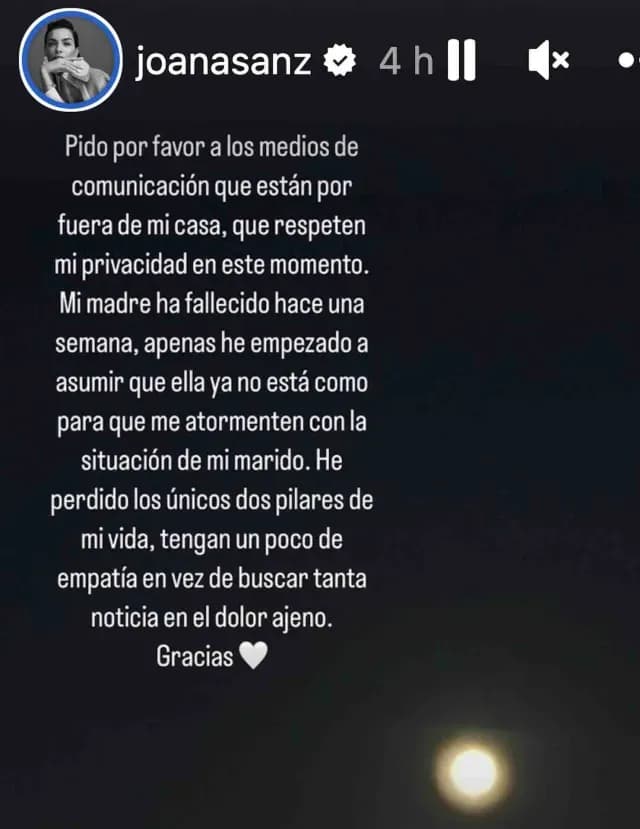 Story de Joana Sanz donde pide empatía a los paparazzis