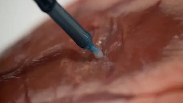 Bioimpresora 3D depositando tejido en un corazón de cordero
