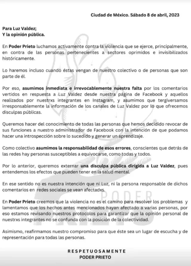 Disculpas públicas de Poder Prieto Mx a Luz Valdez.