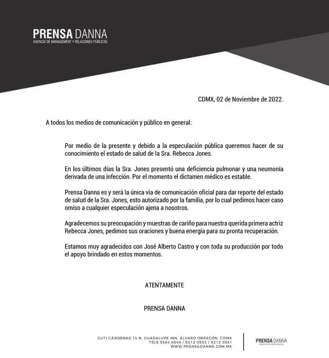 Salud de Rebecca Jones comunicado