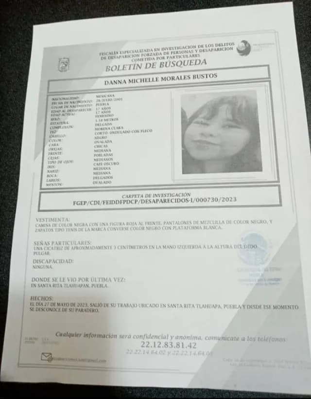 Solicitamos su apoyo para la búsqueda y localización de la adolescente DANNA MICHELLE MORALES BUSTOS, de 17 años de edad.