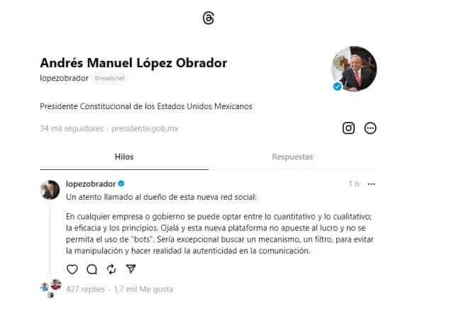 AMLO estrena cuenta en la nueva red social Threads