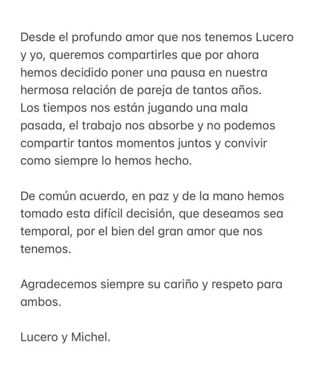 Lucero terminó su relación con Michel Kuri tras una década de romance y lo anunciaron en redes sociales