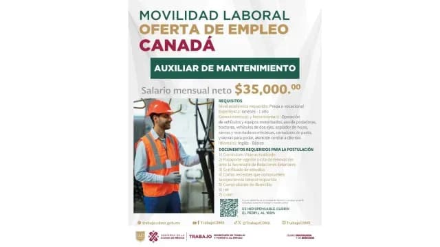 Canadá ofrece una vacante de 35 mil pesos a un auxiliar en mantenimiento de la CDMX