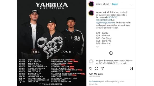 Publicación en Instagram de los conciertos de Yahritza y su Esencia