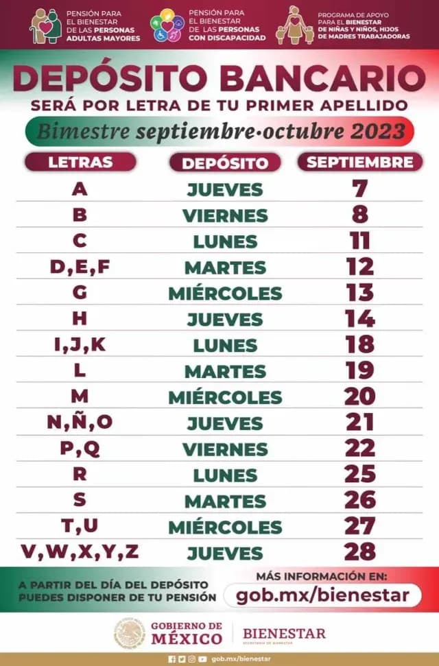 Calendario con los días de pago de septiembre 2023 de la Pensión Bienestar